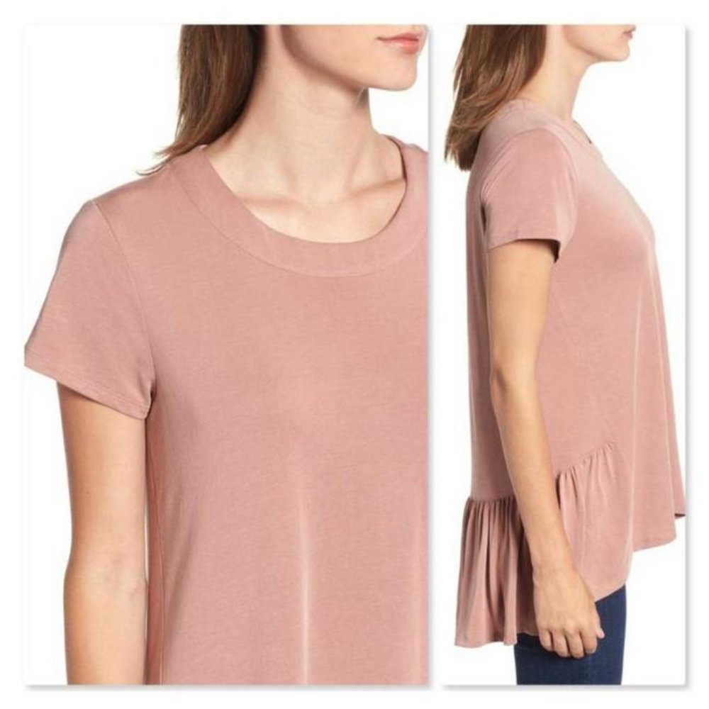 Nordstrom S Hi/Lo Ruffle Back Hem Tee Short Sleeve Shirt Pink Tan - Picture 9 of 10